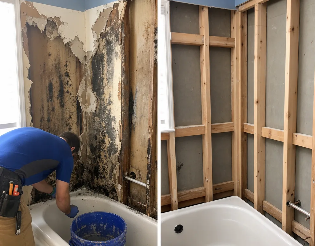 Before and after bathroom drywall removal showing clean dried studs and a treated surface ready for repairs
