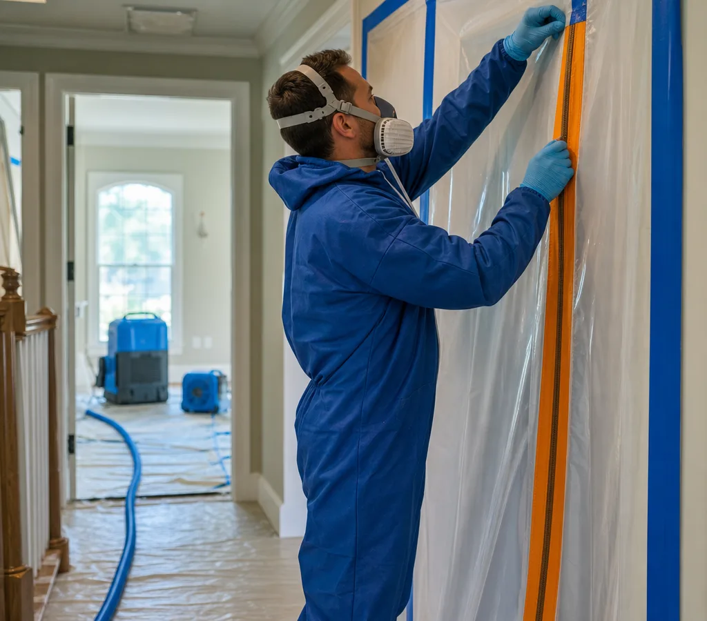 Technician in protective gear setting up poly containment and a zipper door in a Murfreesboro home hallway before mold removal