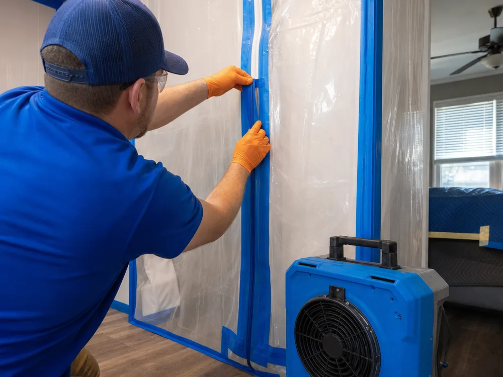 Containment wall with poly sheeting, blue tape, and a HEPA air scrubber operating during mold remediation
