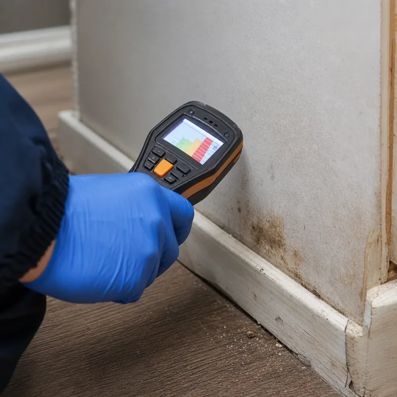 Moisture meter reading on drywall near a stained baseboard during a mold inspection