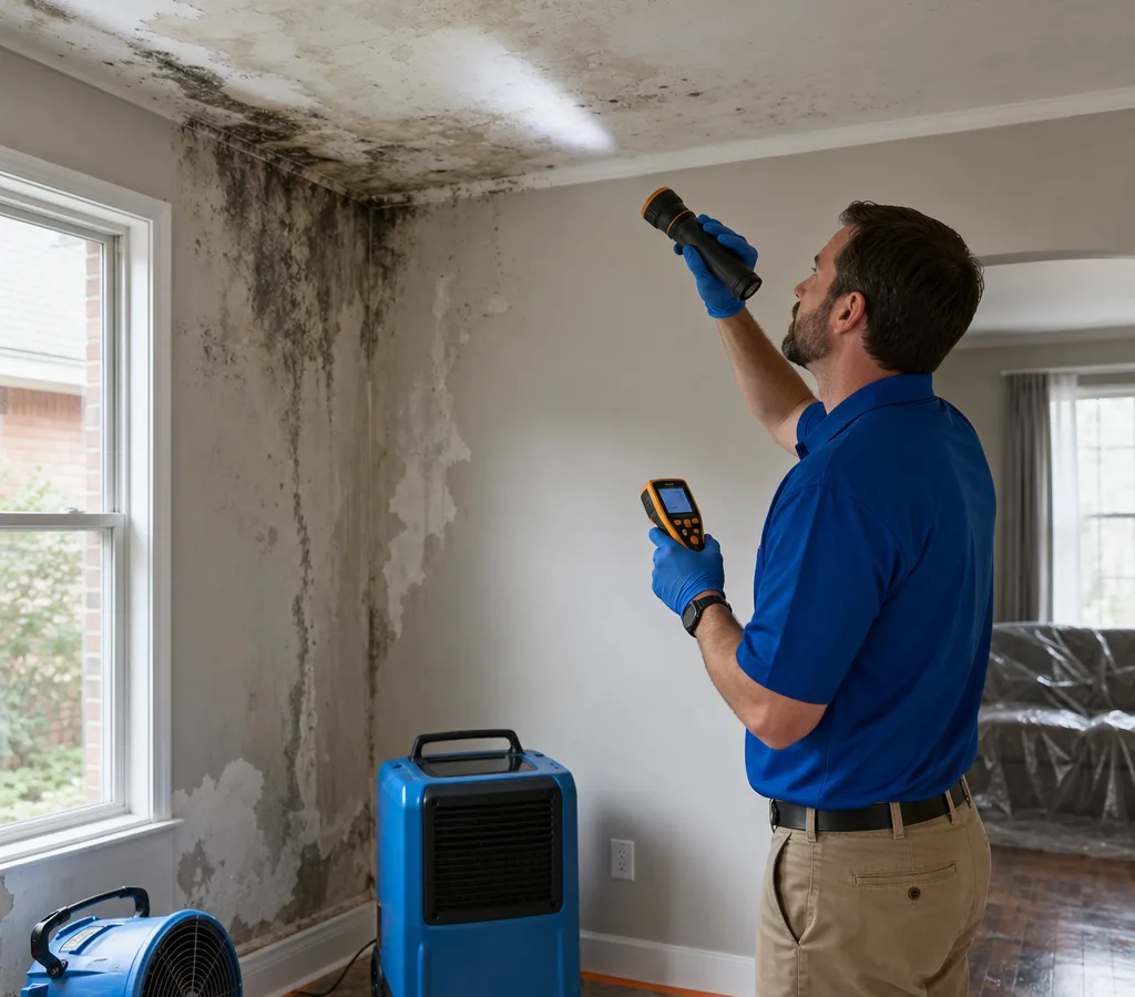 Inspector in protective equipment using a flashlight and moisture meter to check a residential wall and ceiling in a Murfreesboro home