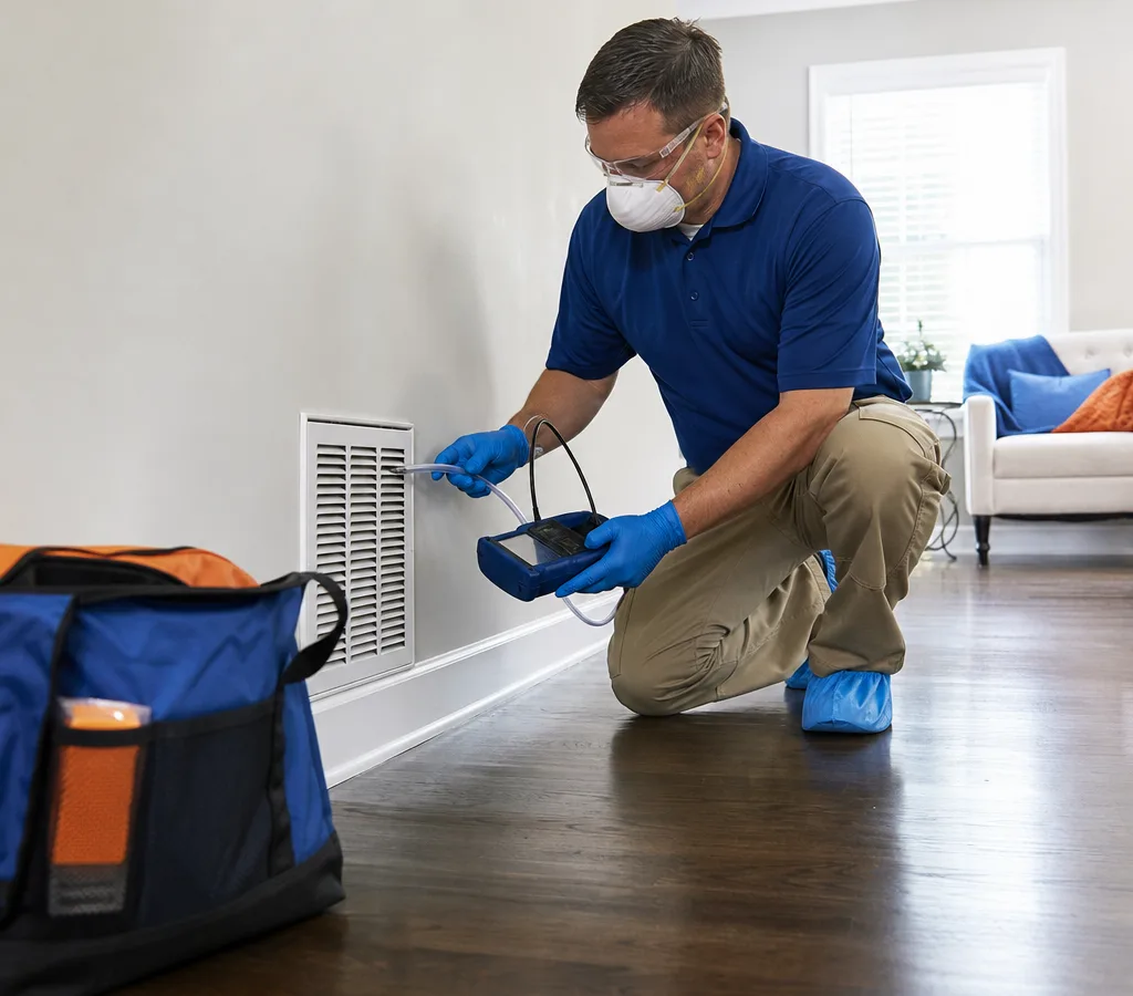 Inspector in protective gear collecting an air sample near an HVAC return in a Murfreesboro home