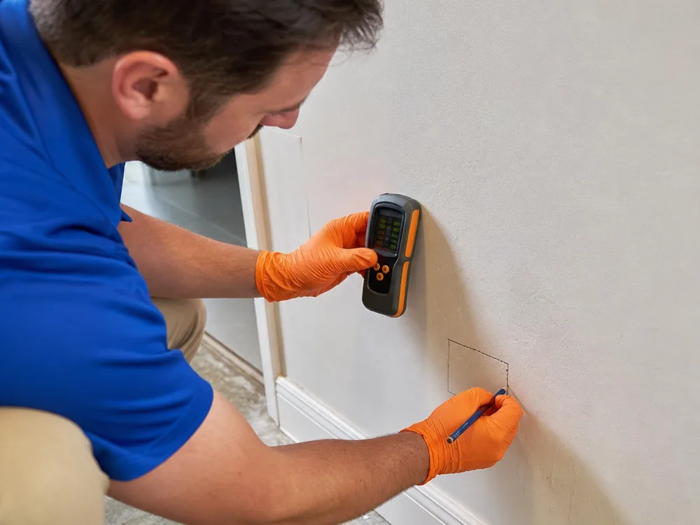 Technician using a moisture meter on drywall near a baseboard before mold sampling
