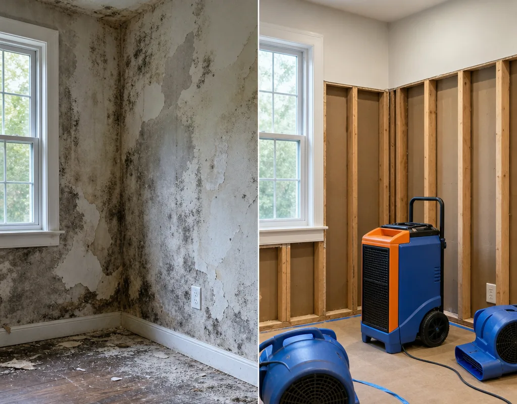 Before and after mold-affected drywall removal, HEPA vacuuming, and drying setup