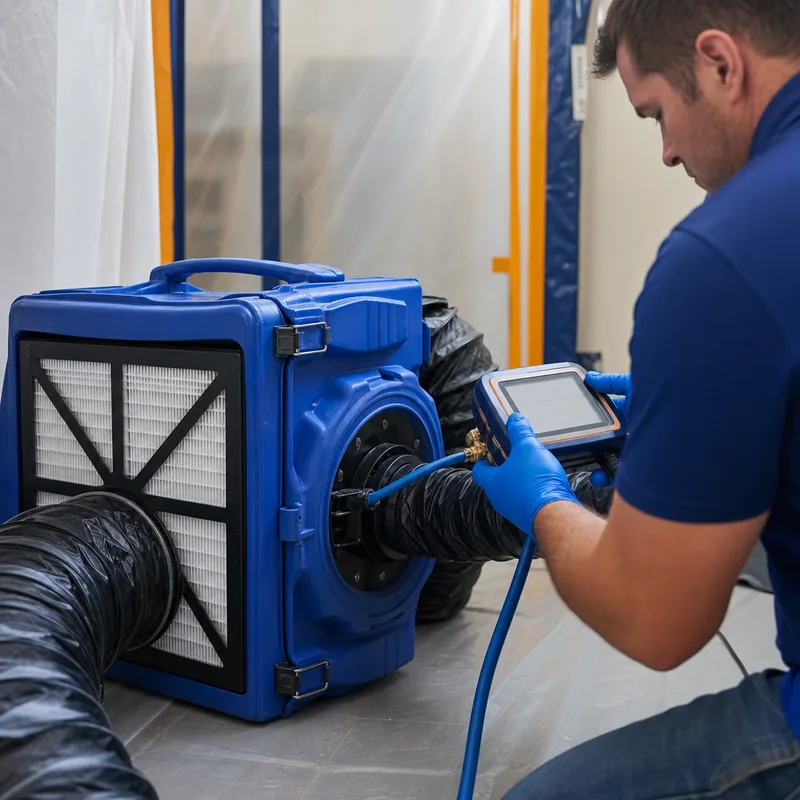 HEPA air scrubber with ducting and pressure monitoring in a contained room