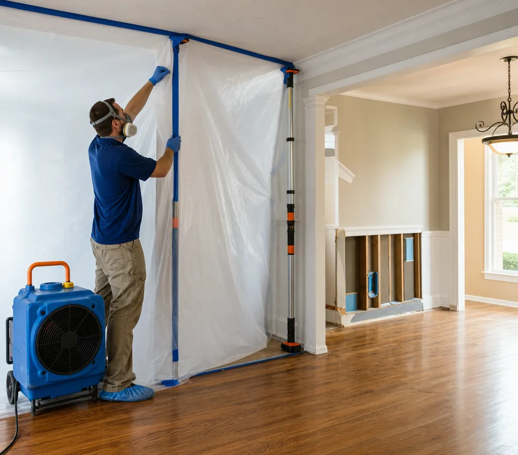 Technician in PPE setting up plastic containment and a negative air machine in a Murfreesboro home during mold remediation