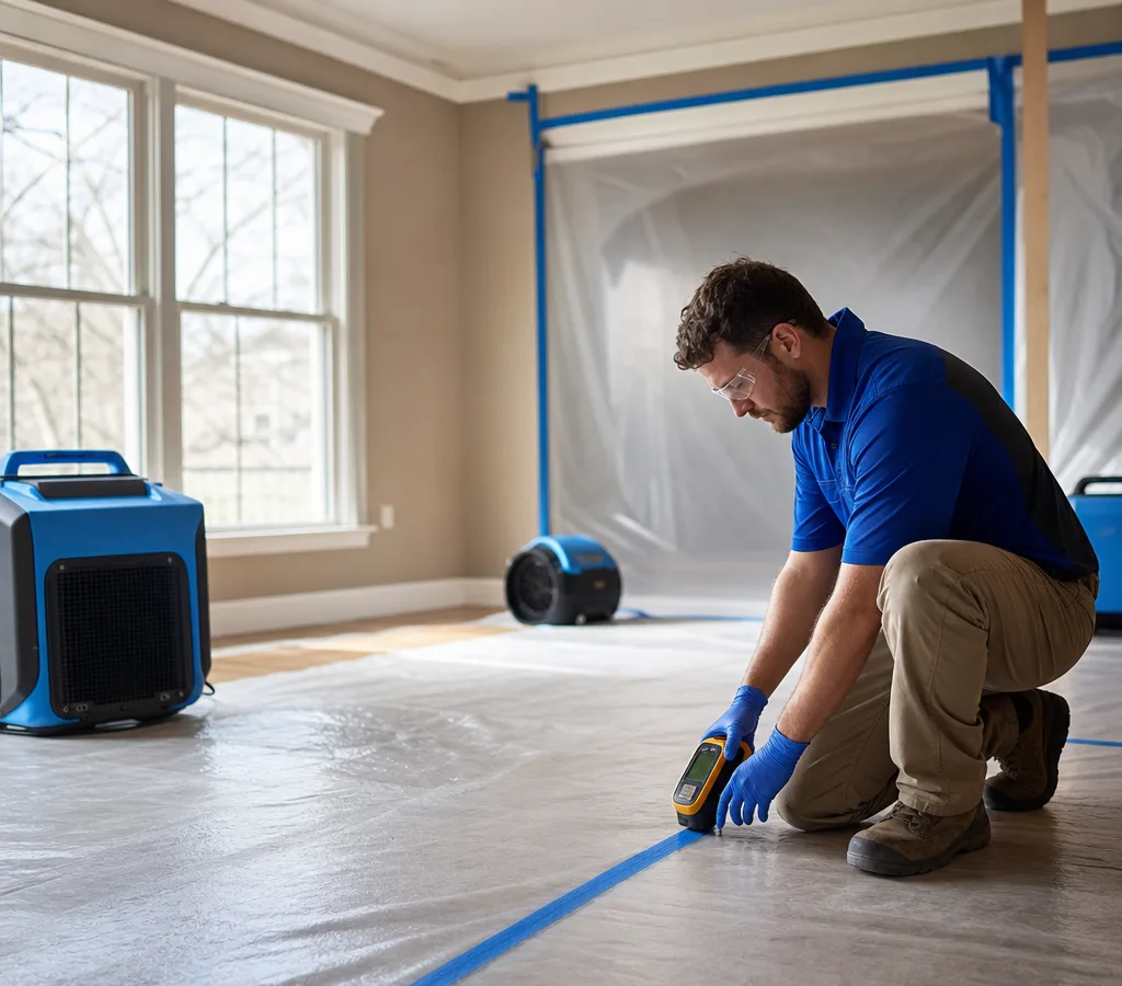 Technician in PPE using a moisture meter beside drying equipment in a Murfreesboro-area home with protected flooring and containment set up