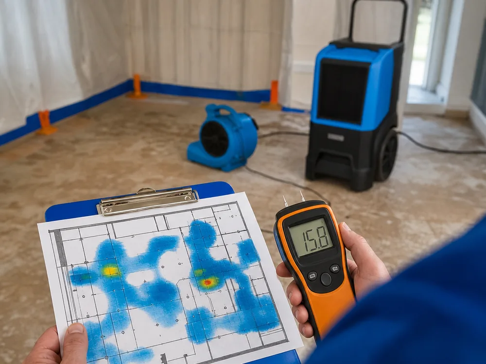 Moisture map and meter readings recorded beside a dehumidifier and air mover during structural drying