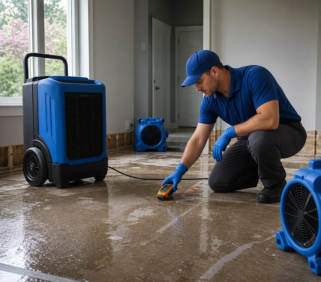 Technician using commercial drying equipment and a moisture meter in a water-damaged residential room