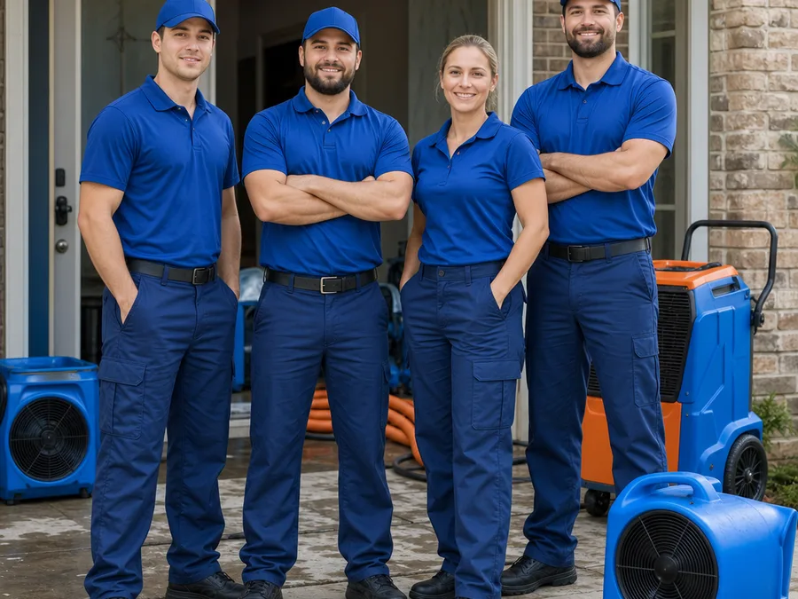 Water damage restoration crew in clean uniforms with drying equipment staged at a jobsite